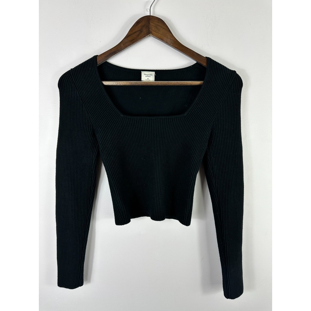 Abercrombie & Fitch Ribbed Square Neck Top Womens XS Black Long Sleeve Cropped